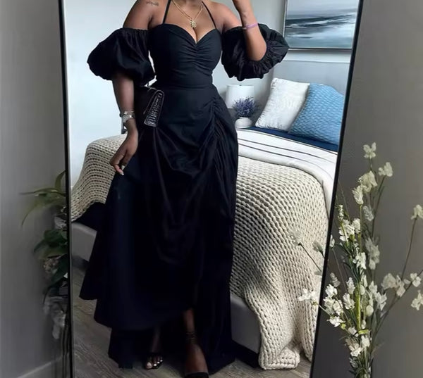 Women Sexy Off The Shoulder Short Sleeve Ruched Maxi Dress