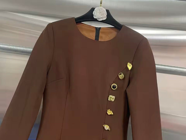 Women Brown Full Sleeve Metal Button Up Maxi Dress
