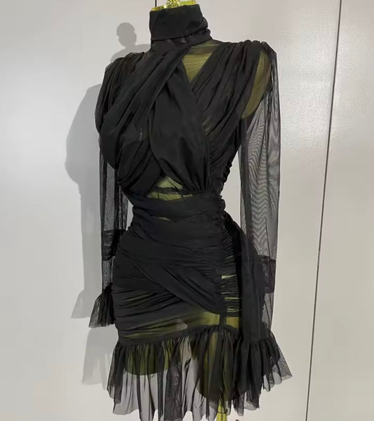 Women White Sexy Ruffled Ruched Mesh Full Sleeve Dress
