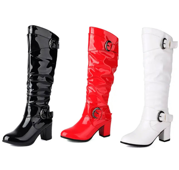 Women Fashion Patent Leather Buckled Knee High Boots