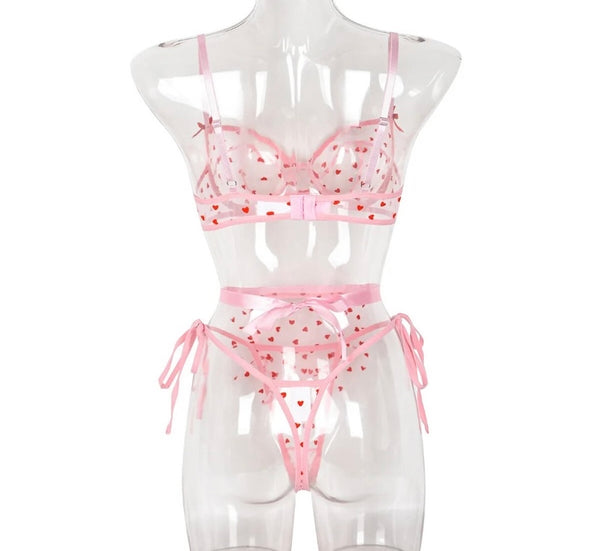 Women Sexy Pink Heart Print Mesh Lingerie Set