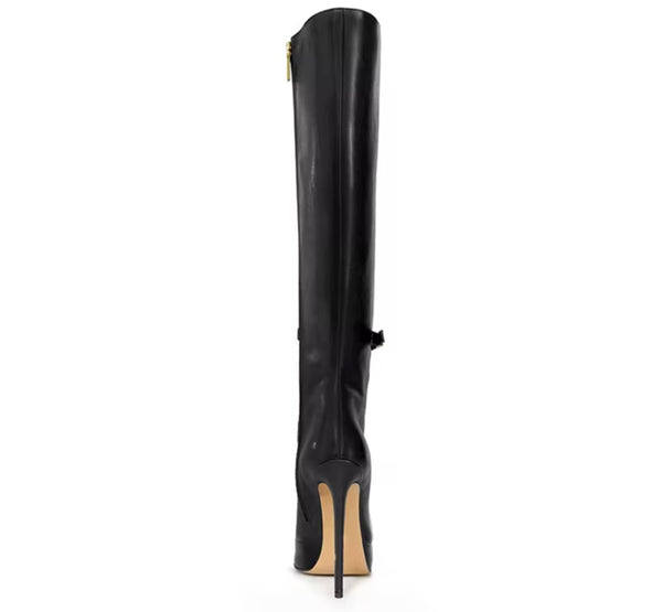Women Pointed Toe Platform Buckled Knee Length High Heel Boots