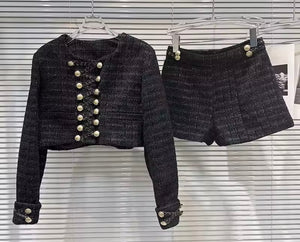 Women Black Gold Button Full Sleeve Blazer Tweed Two Piece Short Set