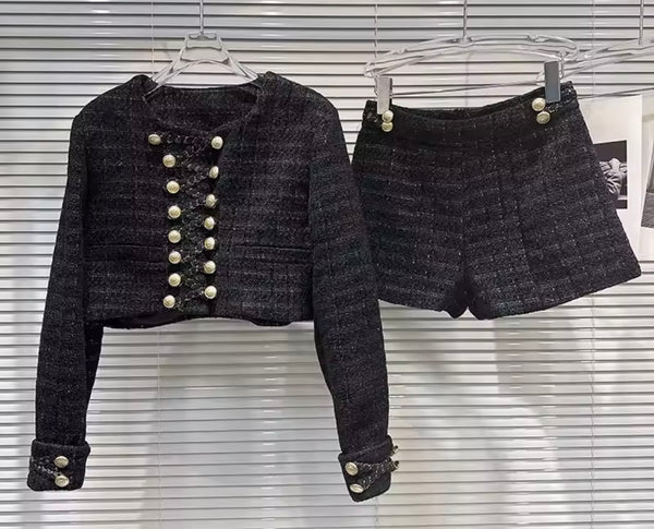 Women Black Gold Button Full Sleeve Blazer Tweed Two Piece Short Set