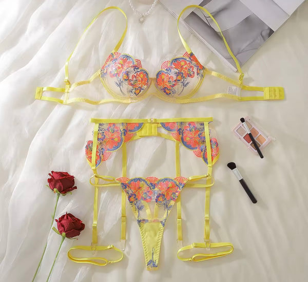 Women Sexy Yellow Floral Mesh Thong Lingerie Set