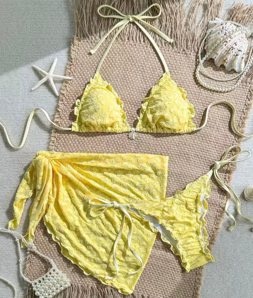 Women Sexy Solid Color Ruffled Halter Bikini Cover Up Set