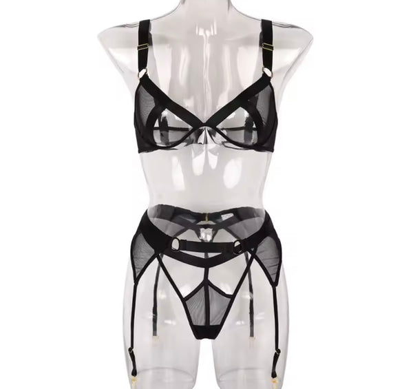 Women Sexy Color Mesh Cut Out Lingerie Set