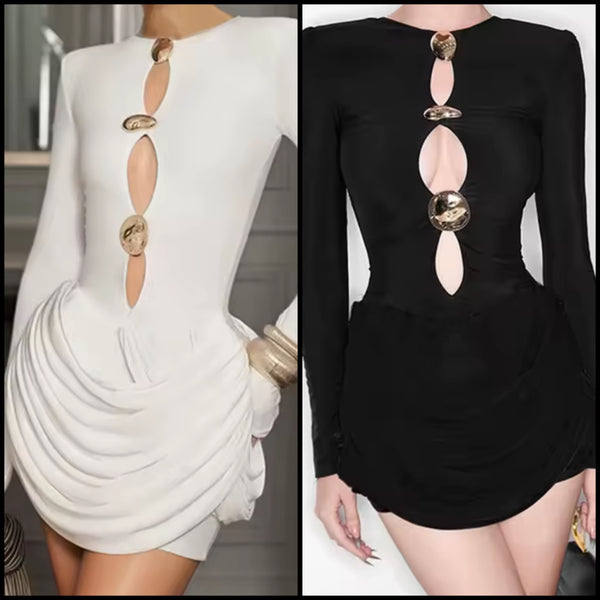 Women Sexy Gold Medal Cut Out Full Sleeve Draped Dress