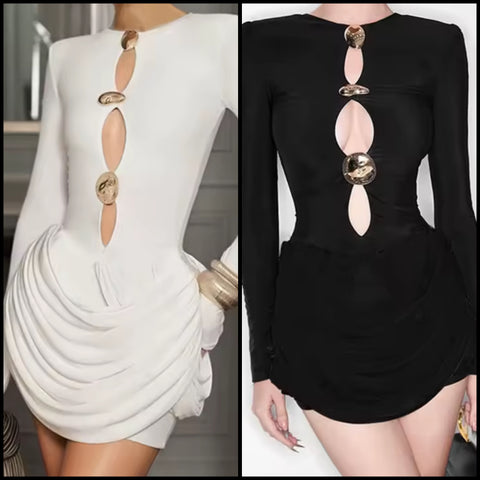 Women Sexy Gold Medal Cut Out Full Sleeve Draped Dress