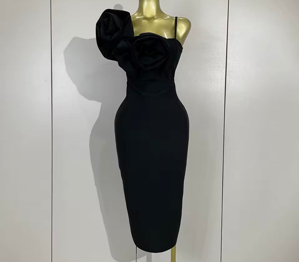 Women Sexy Black 3D Floral Sleeveless Dress