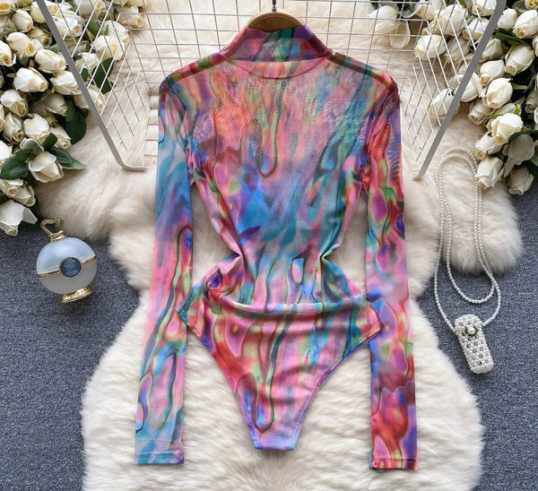 Women Multicolored Full Sleeve Fashion Mesh Bodysuit Top