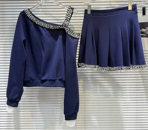 Women Fashion Bling One Shoulder Full Sleeve Two Piece Pleated Skirt Set