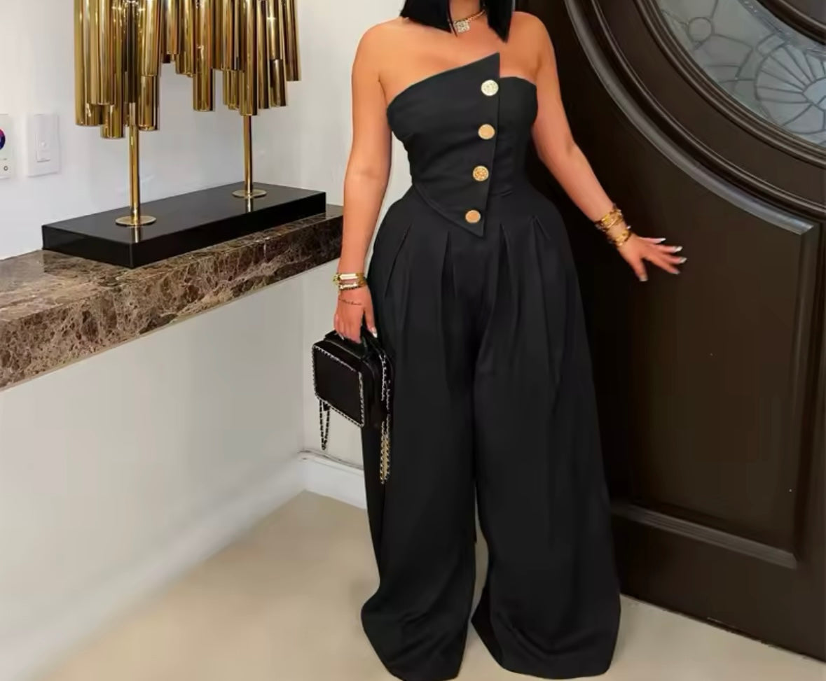 Women Sexy Fashion Button Strapless Wide Leg Jumpsuit