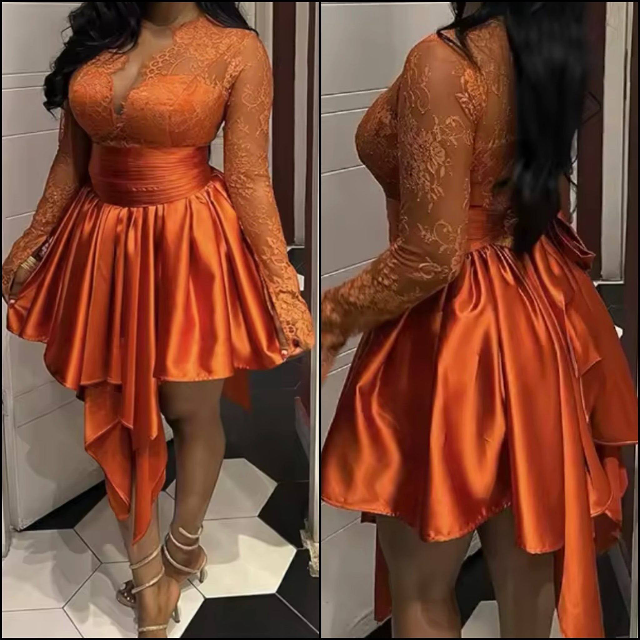Women Orange Sexy Lace Patchwork Satin Dress