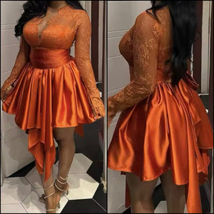 Women Orange Sexy Lace Patchwork Satin Dress
