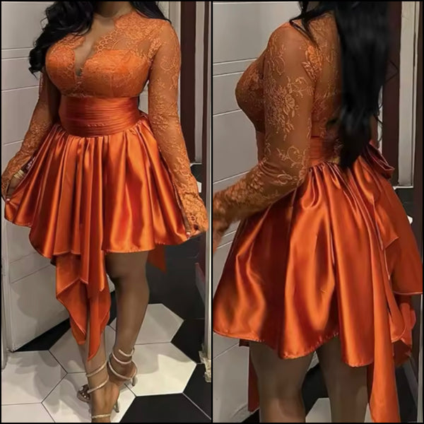 Women Orange Sexy Lace Patchwork Satin Dress