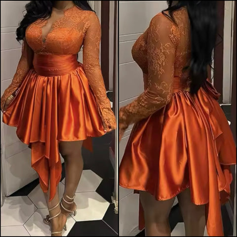 Women Orange Sexy Lace Patchwork Satin Dress