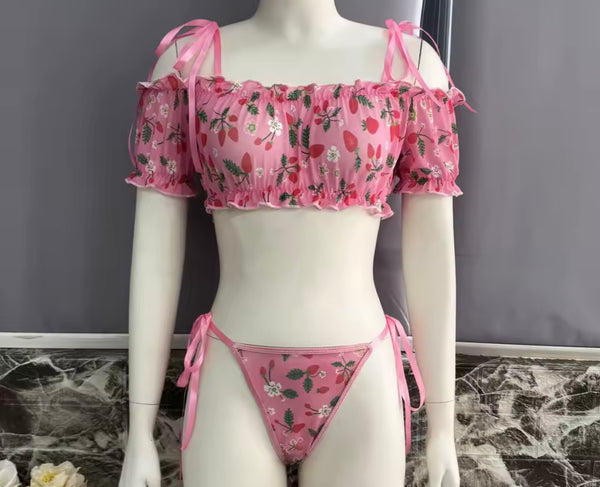 Women Sexy Pink Floral Off The Shoulder Mesh Lingerie Set