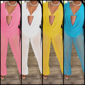 Women Sexy Solid Color See Through Three Piece Pant Set