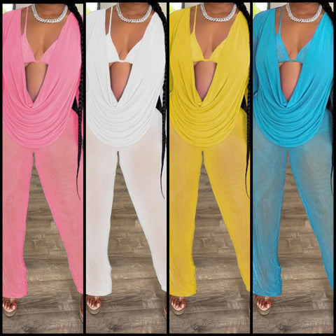 Women Sexy Solid Color See Through Three Piece Pant Set