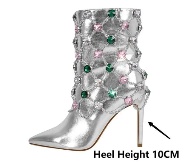 Women Silver Color Gem Fashion Ankle Boots