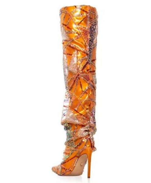 Women Fashion Orange Bling Patchwork Over The Knee Boots