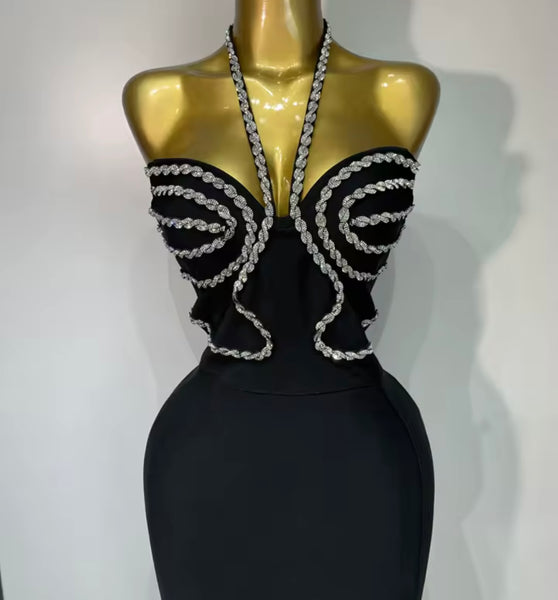 Women Sexy Rhinestone Halter Sleeveless Bandage Maxi Dress
