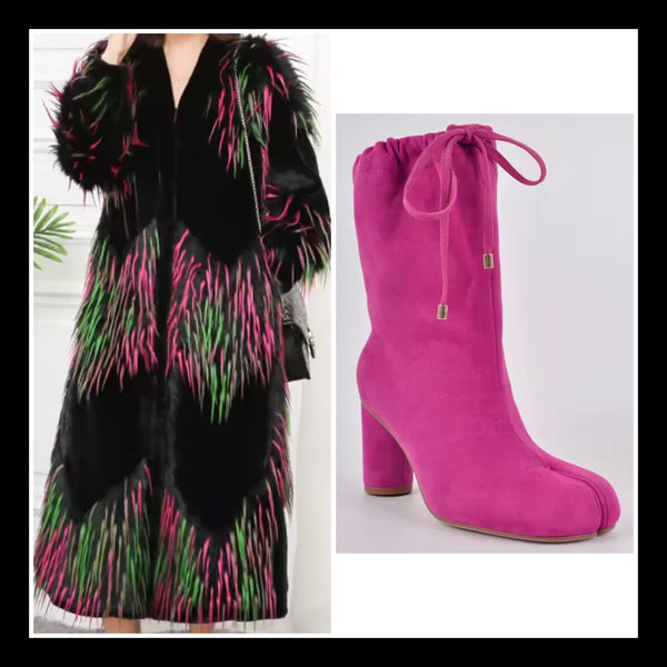 Women Fashion Split Toe Chunky Heel Drawstring Ankle Boots