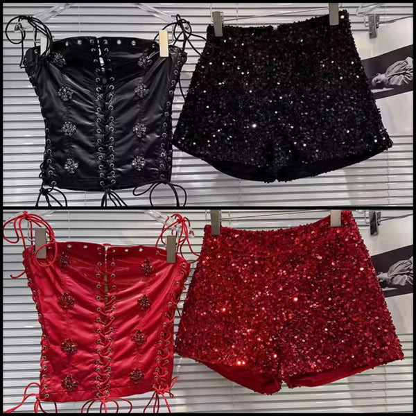 Women Sexy Strapless Sequins Corset Two Piece Short Set