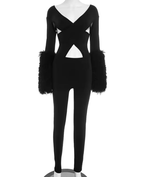 Women Sexy Fur Full Sleeve Cut Out Jumpsuit
