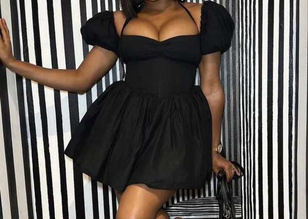 Women Sexy Black Short Sleeve Ruffled Dress