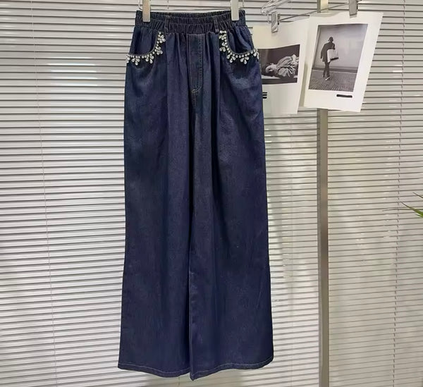 Women Bling Sleeveless Denim Two Piece Loose Pant Set