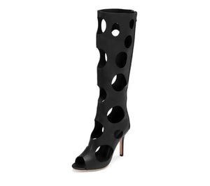 Women Fashion Circle Cut Out Faux Leather Knee High Boots