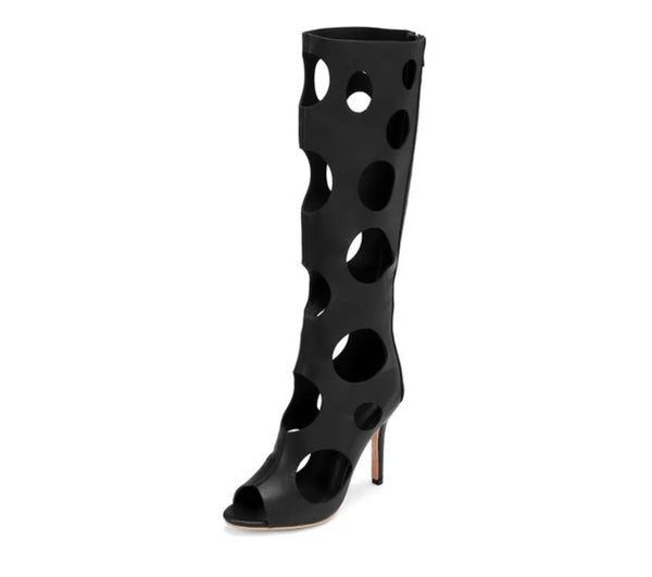 Women Fashion Circle Cut Out Faux Leather Knee High Boots