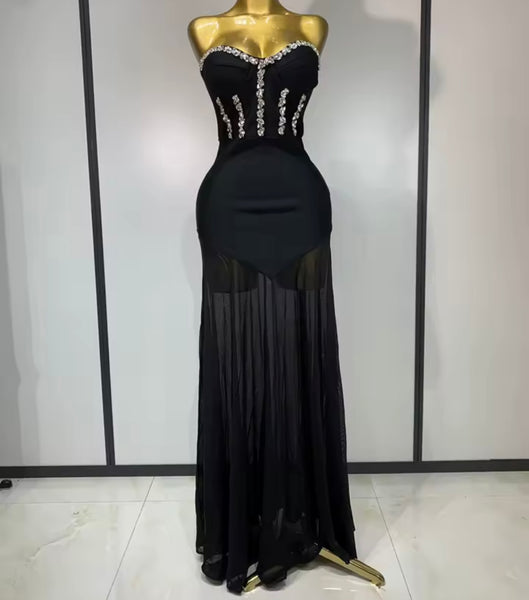 Women Black Sexy Rhinestone Strapless Mesh Patchwork Dress