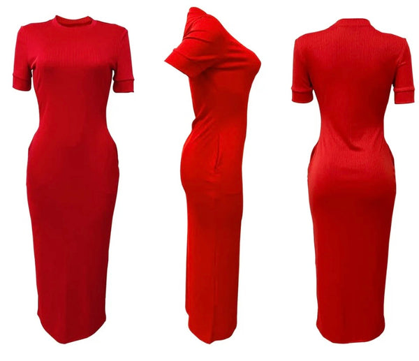 Women Solid Color Short Sleeve Ribbed Sexy Maxi Dress