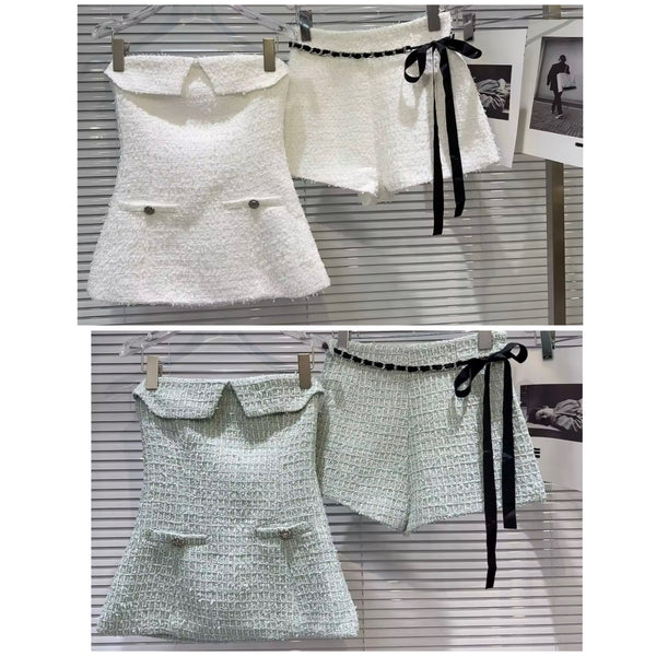 Women Color Strapless Tweed Two Piece Short Set