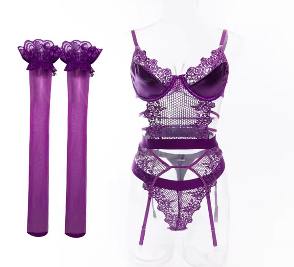 Women Sexy Purple Mesh G-String Lingerie Set