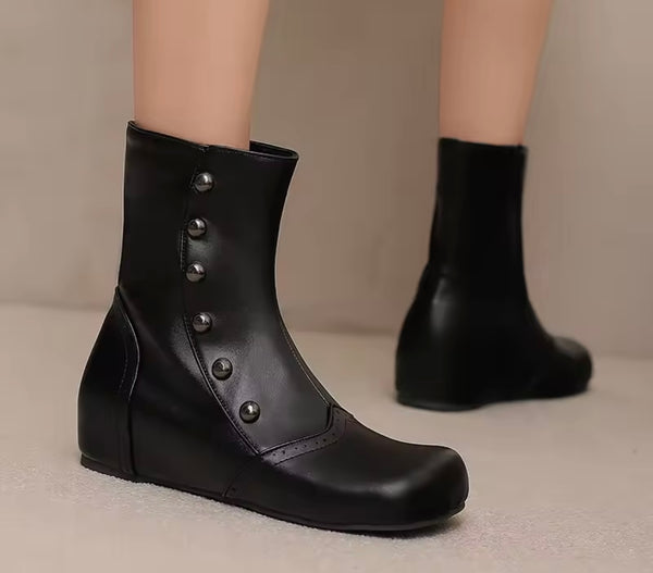 Women Color Patchwork Rivet Fashion Flat Ankle Boots