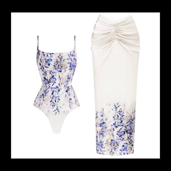 Women White Floral Fashion Swimsuit Cover Up Set