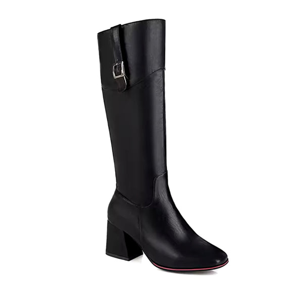 Women Color Fashion Faux Leather Buckled Knee High Boots