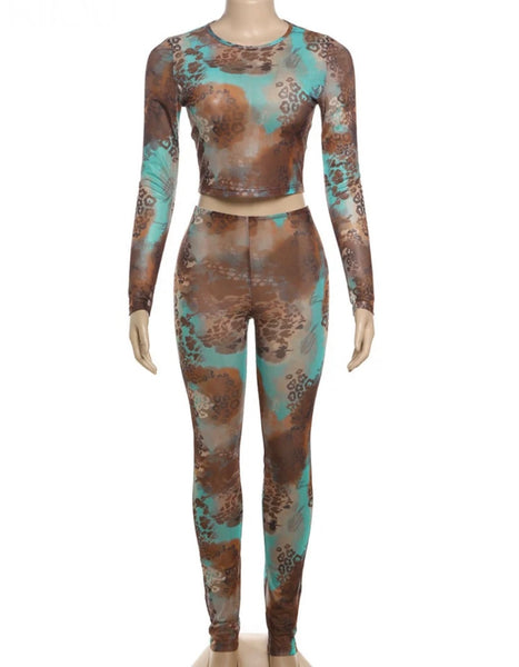 Women Sexy Color Animal Print Mesh Full Sleeve Two Piece Pant Set