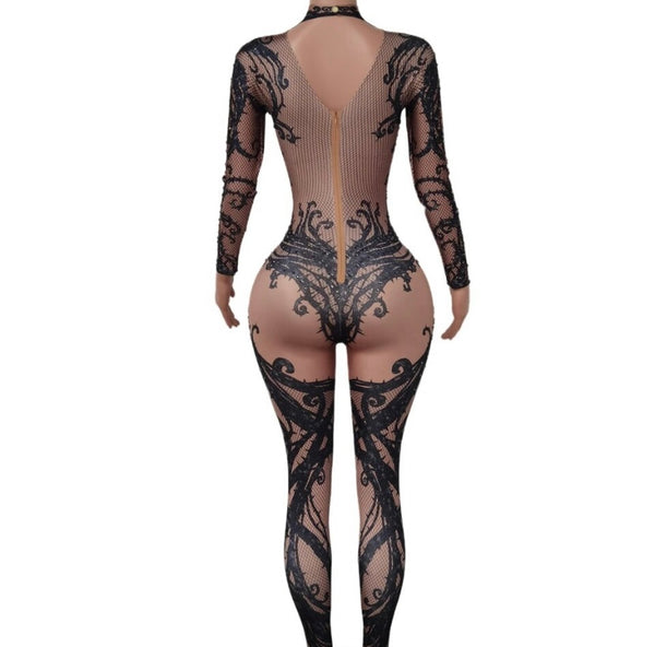 Women Sexy Full Sleeve Rhinestone Mesh Patchwork Jumpsuit