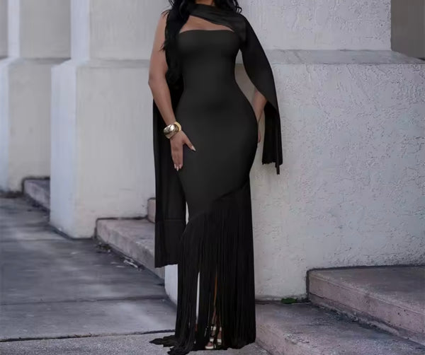 Women Sexy Strapless Scarf Fringe Tassel Maxi Dress