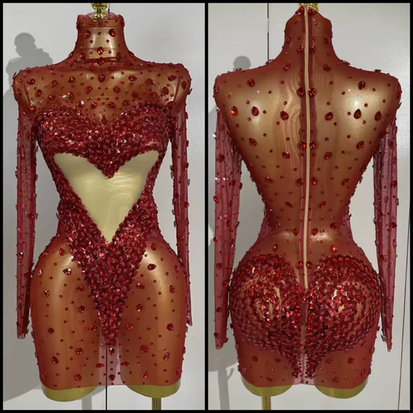 Women Sexy Turtleneck Full Sleeve Crystal Heart Mesh Dress