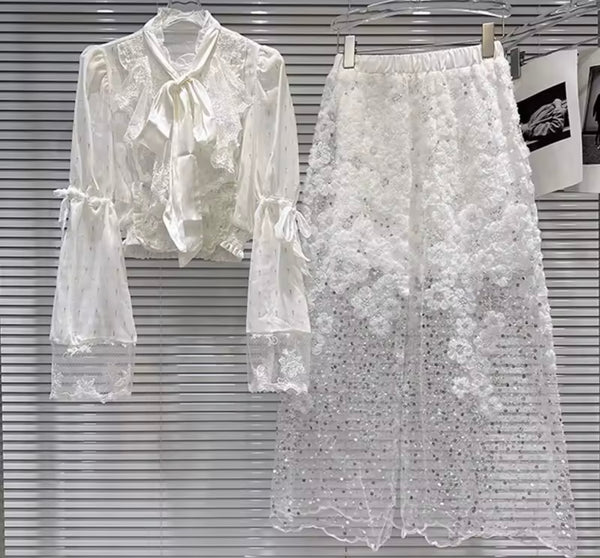 Women White Lace Mesh Full Sleeve Bling Two Piece Maxi Skirt Set
