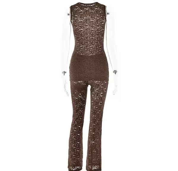 Women Sexy Sleeveless Solid Color Lace Two Piece Pant Set