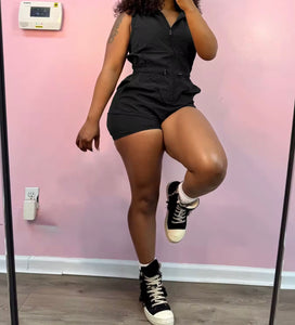 Women Zip Up Sleeveless Hooded Fashion Color Romper
