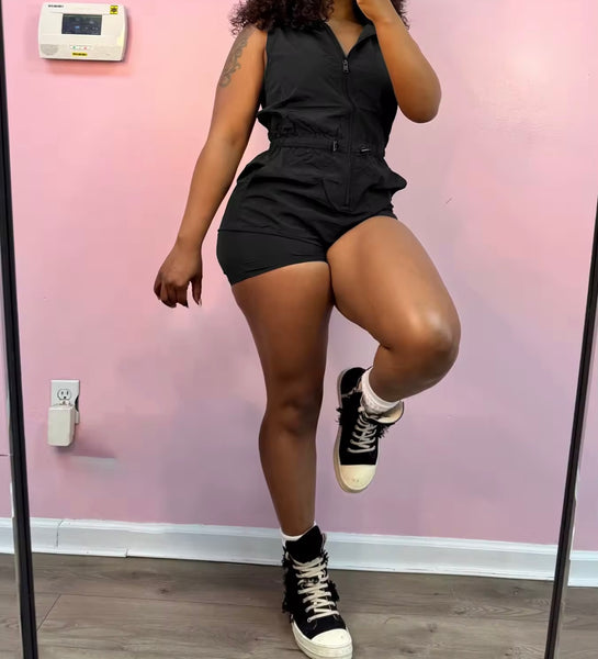 Women Zip Up Sleeveless Hooded Fashion Color Romper