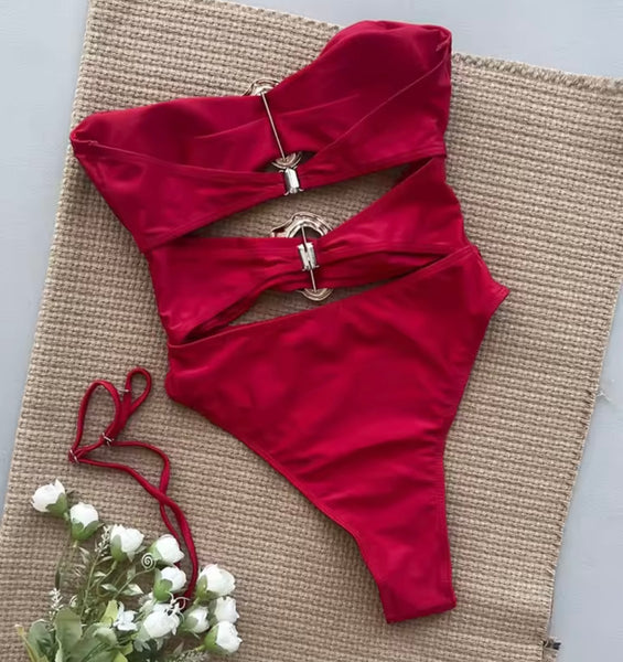 Women Sexy Gold Medal Strapless Cut Out Swimsuit